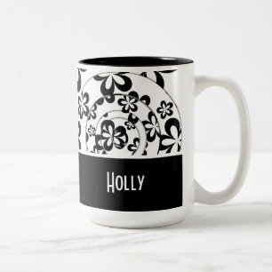 Black & White Modern Personalised, Rings & Flowers Two-Tone Coffee Mug
