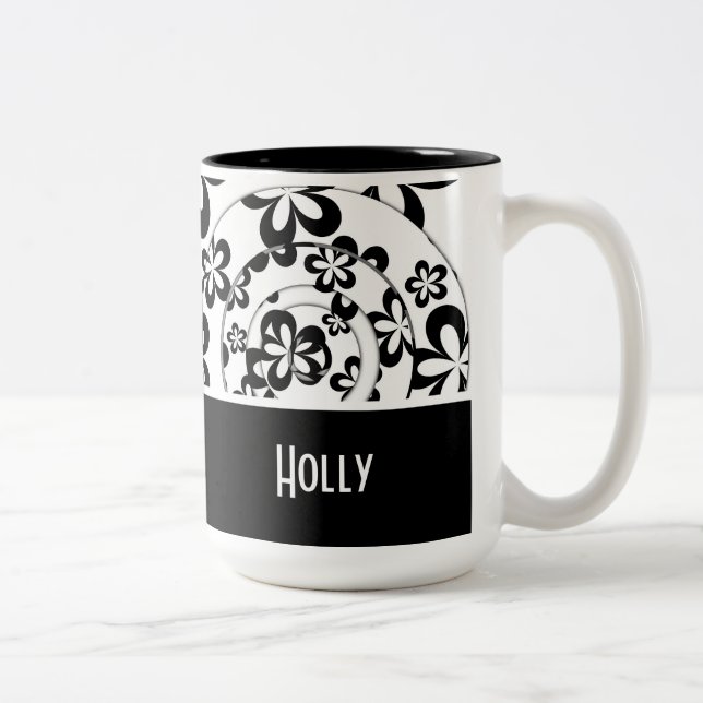 Black & White Modern Personalised, Rings & Flowers Two-Tone Coffee Mug (Right)