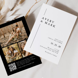 Black & White Modern Photo Collage QR Code Wedding Invitation