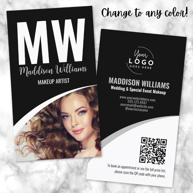 Black White Modern Photo Logo Monogram Business Card (Black White Modern Makeup QR Code Logo Monogram Business Card)