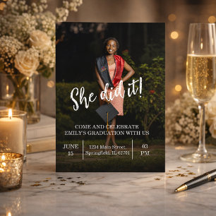 Black & White Modern Photo "She Did It" Grad Party Invitation