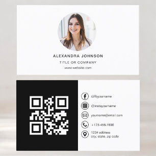 Black White Modern Photo with QR Code Social Media Business Card