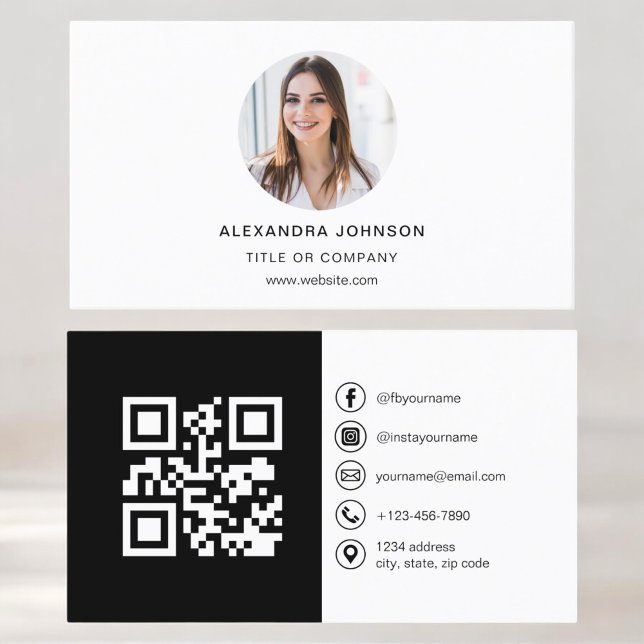 Black White Modern Photo with QR Code Social Media Business Card (Creator Uploaded)
