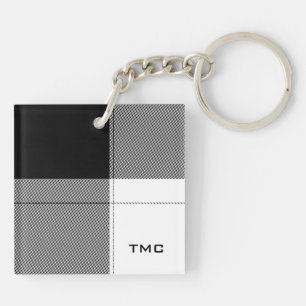 Black White Modern Plaid INITIALS Preppy Chic Key Ring