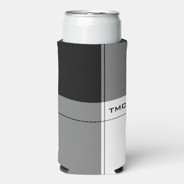 Black White Modern Plaid Initials Preppy Chic Seltzer Can Cooler (Seltzer Front)