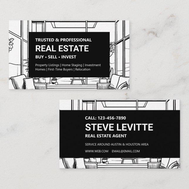 Black & White Modern Real Estate Business Card (Front/Back)