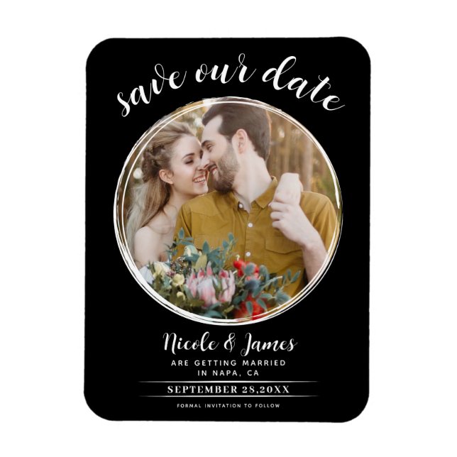 Black & White Modern Round Photo Save the Date Magnet (Vertical)