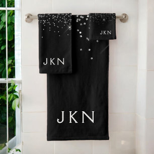 Black White Modern Script Girly Monogram Name Bath Towel Set