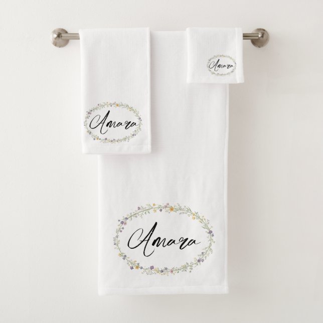 Black White Modern Script Girly Monogram Name Bath Towel Set (Insitu)