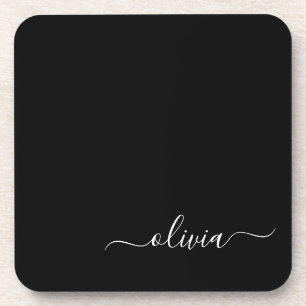 Black White Modern Script Girly Monogram Name Coaster