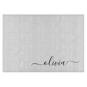 Black White Modern Script Girly Monogram Name Cutting Board