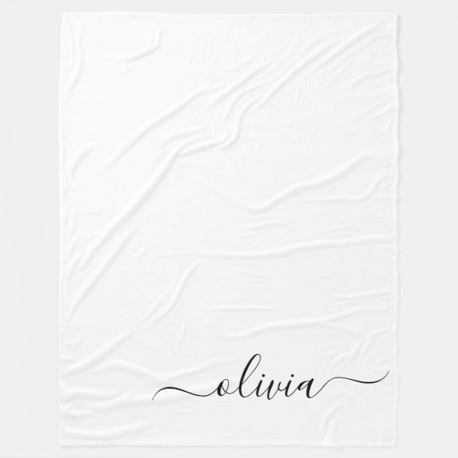 Black White Modern Script Girly Monogram Name Fleece Blanket (Front)