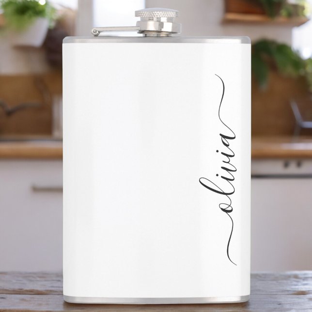 Black White Modern Script Girly Monogram Name Hip Flask (Creator Uploaded)