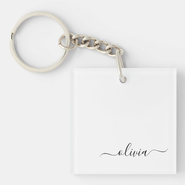 Black White Modern Script Girly Monogram Name Key Ring (Front)