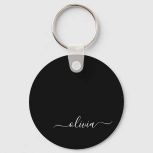 Black White Modern Script Girly Monogram Name Key Ring