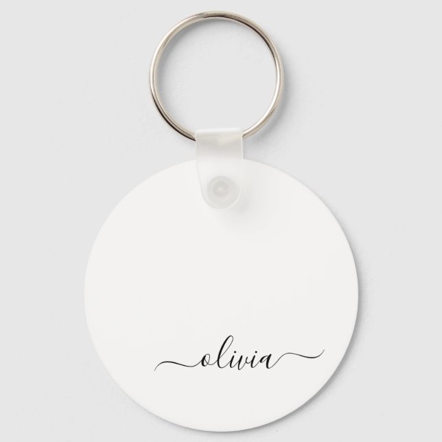Black White Modern Script Girly Monogram Name Key Ring (Front)
