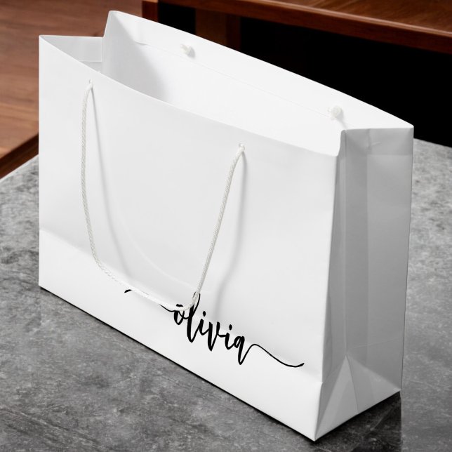 Black White Modern Script Girly Monogram Name Large Gift Bag (Creator Uploaded)