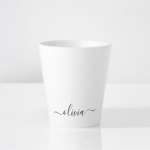 Black White Modern Script Girly Monogram Name Latte Mug