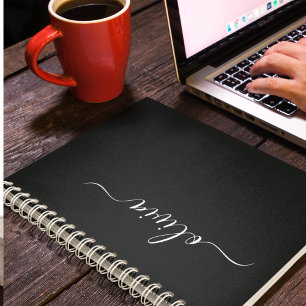 Black White Modern Script Girly Monogram Name Notebook