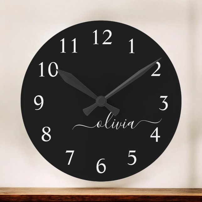 Black White Modern Script Girly Monogram Name Round Clock (Creator Uploaded)