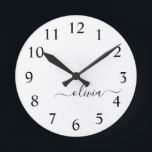 Black White Modern Script Girly Monogram Name Round Clock<br><div class="desc">Black and White Simple Script Monogram Name Clock. This makes the perfect sweet 16 birthday,  wedding,  bridal shower,  anniversary,  baby shower or bachelorette party gift for someone that loves glam luxury and chic styles.</div>