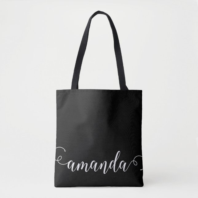 Black White Modern Script Name Bridal Party Gift Tote Bag (Front)