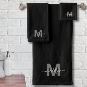 Black White Modern Script Name Monogram Bath Towel Set