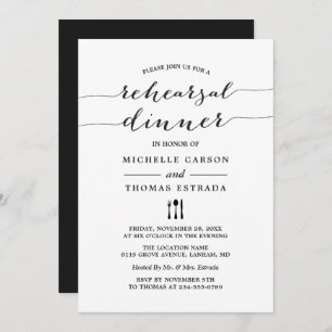 Black White Modern Script Wedding Rehearsal Dinner Invitation