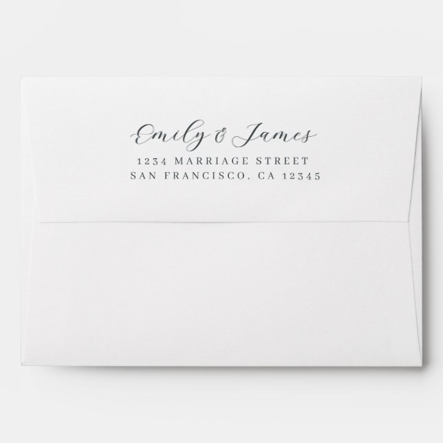 Black White Modern Script Wedding Return Address Envelope (Back (Top Flap))