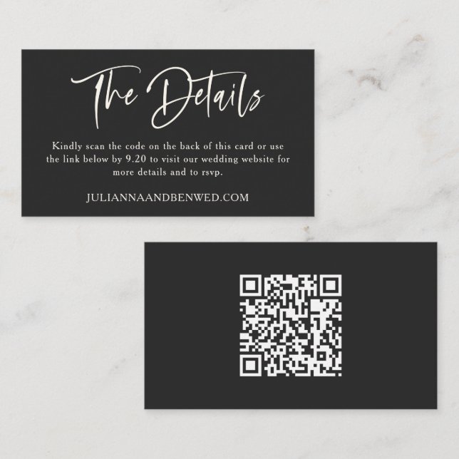 Black White Modern Script Wedding Website QR Code Enclosure Card (Front/Back)