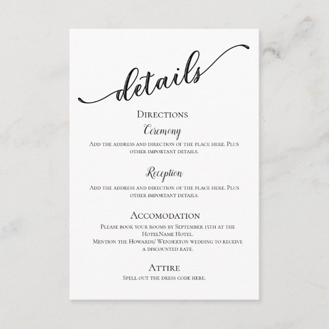 Black white modern simple minimal details wedding enclosure card (Front)