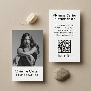 Black White Modern Social Icon QR Code Photography Business Card