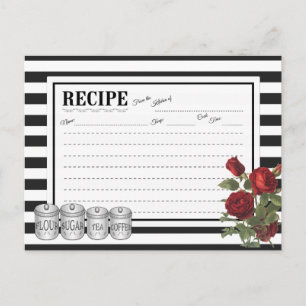 Black   White Modern Stripes Floral Recipe Card