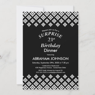 Black White Modern Surprise 21st Birthday Dinner Invitation
