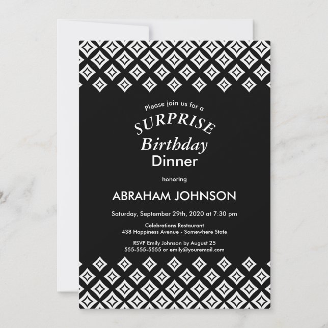 Black White Modern Surprise Birthday Dinner Invitation (Front)