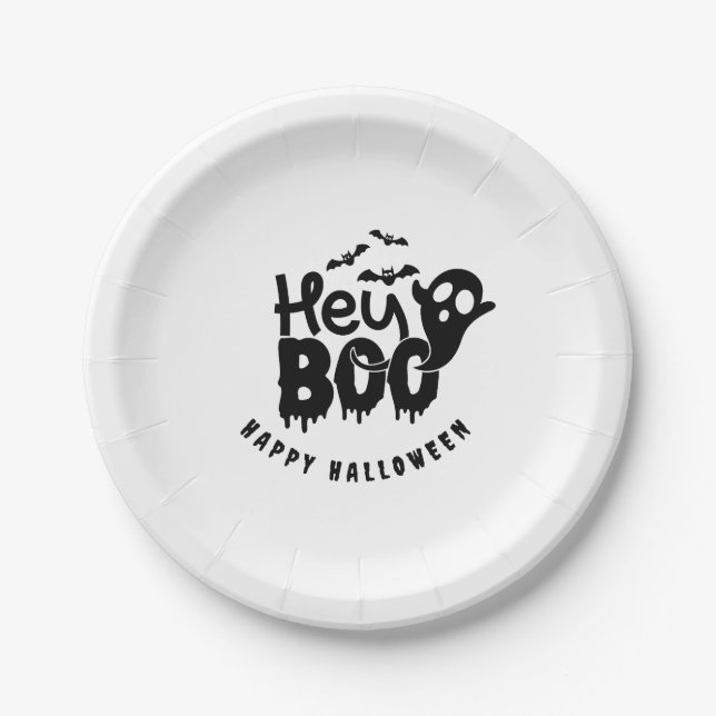 Black White Modern Typography Halloween Paper Plate (Front)