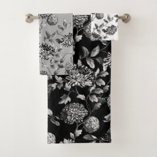 Black White Modern Vintage Botanical Floral Toile Bath Towel Set