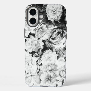 Black white modern watercolor country floral iPhone 16 plus case