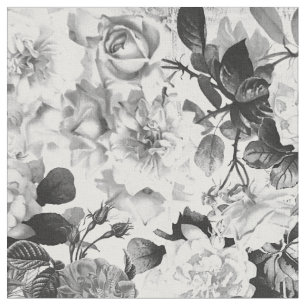 Black white modern watercolor country floral fabric