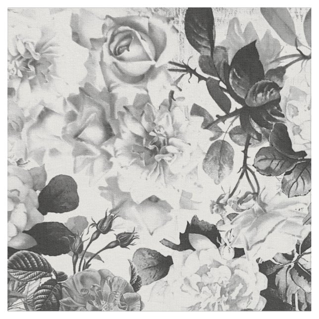 Black white modern watercolor country floral fabric (Close Up)