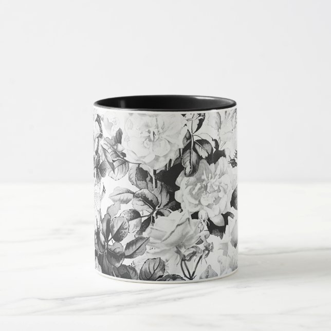Black white modern watercolor country floral mug (Center)