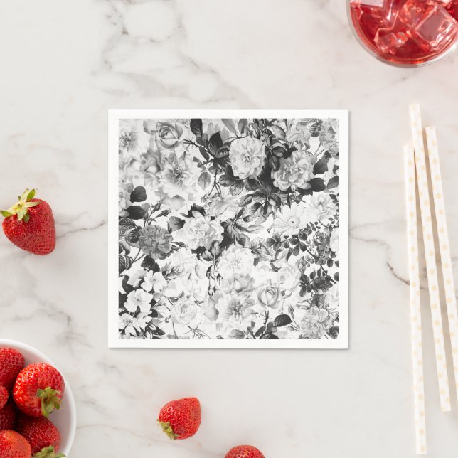 Black white modern watercolor country floral napkin (Insitu)