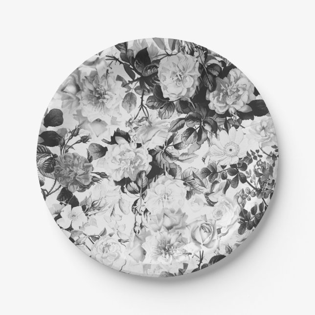 Black white modern watercolor country floral paper plate (Front)