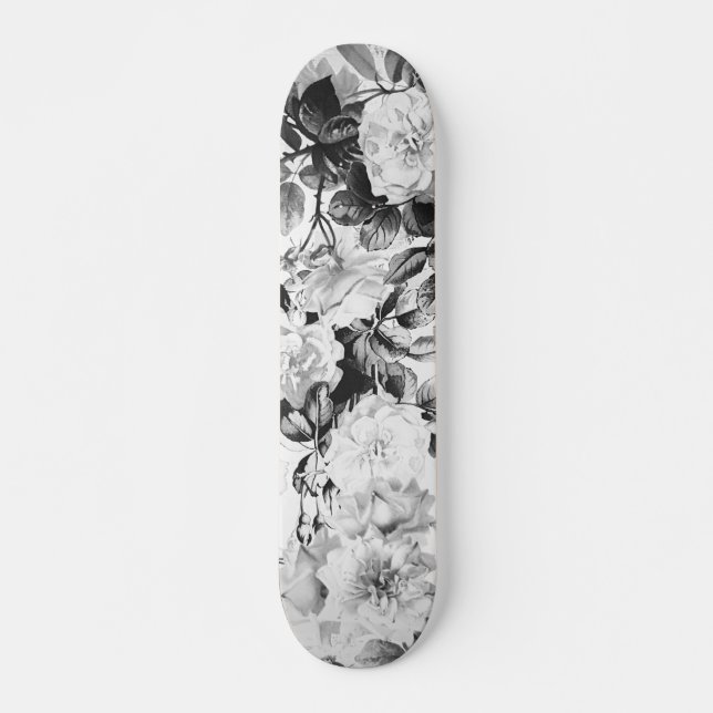 Black white modern watercolor country floral skateboard (Front)