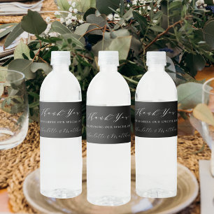 Black white modern wedding thank you water bottle label