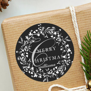 Black & White Modern Wildflower Wreath Christmas Classic Round Sticker