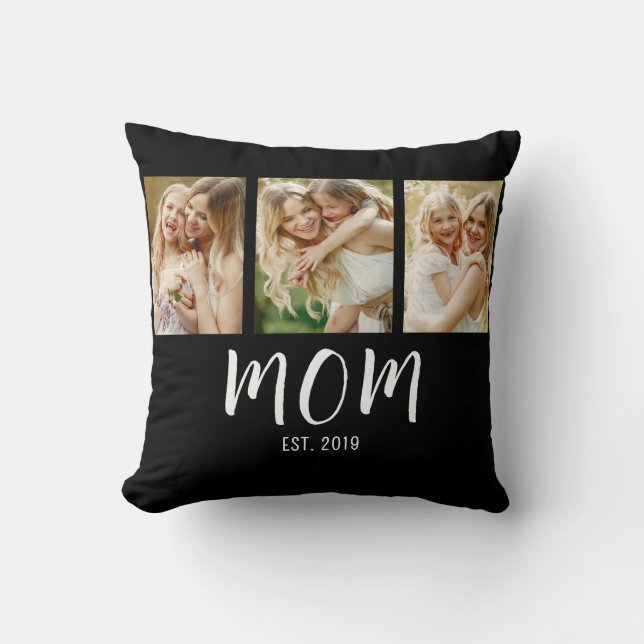 Black White Mom Established Script 3 Photo Elegant Cushion (Front)
