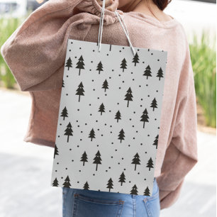 Black White Monochrome Christmas Trees Minimal  Large Gift Bag