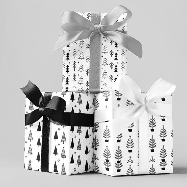 Black White Monochrome Christmas Trees Minimal  Wrapping Paper Sheet (Creator Uploaded)