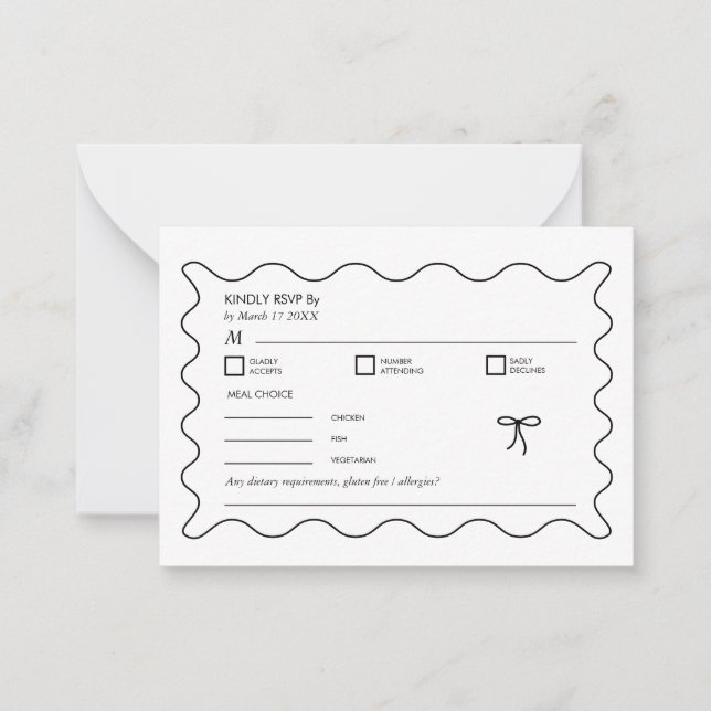 Black & White Monochrome Wavy Curve QR Code RSVP Card (Front)